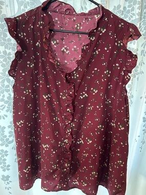 Women's Ruffle V-Neck Floral Tank Top - Burgundy